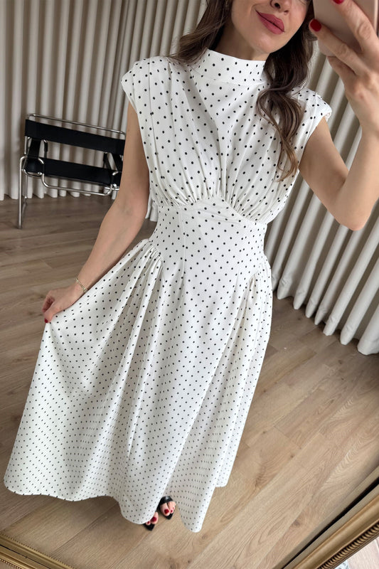 White Padded Waist-Fitted Polka Dot Dress
