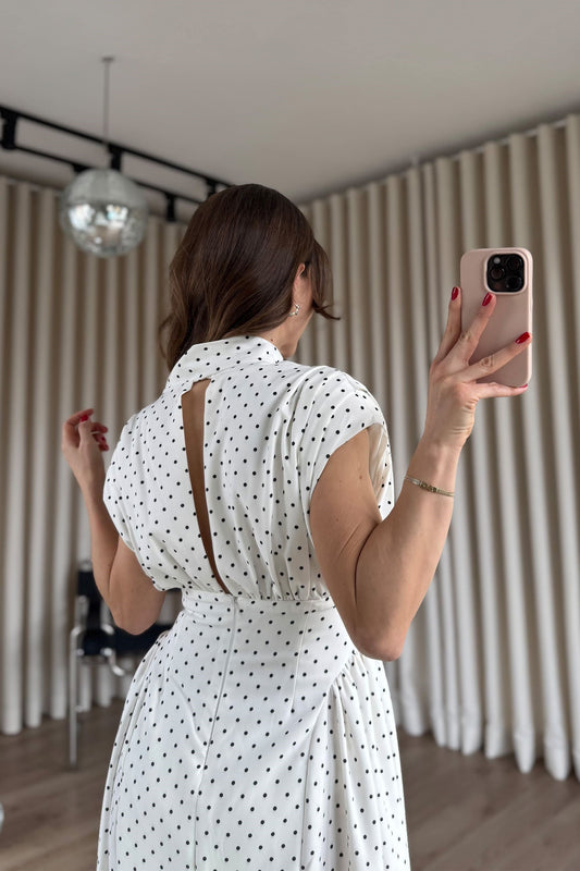White Padded Waist-Fitted Polka Dot Dress