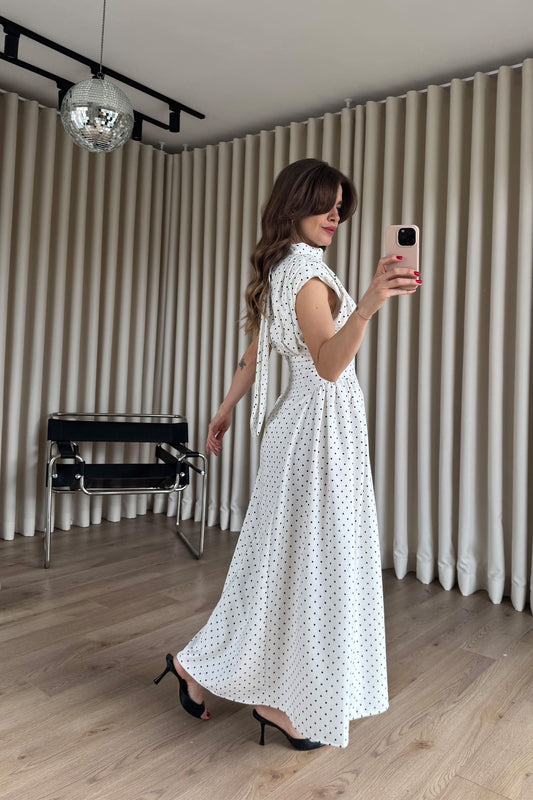 White Padded Waist-Fitted Polka Dot Dress
