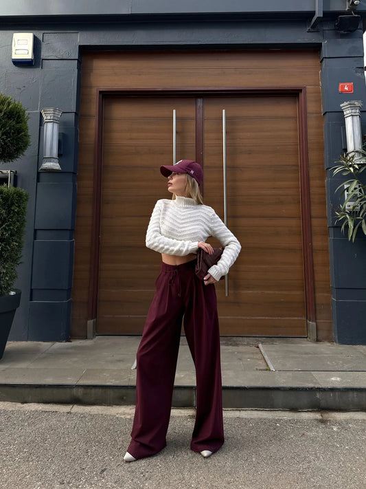 Laced Palazzo Wide Leg Trousers - Claret Red