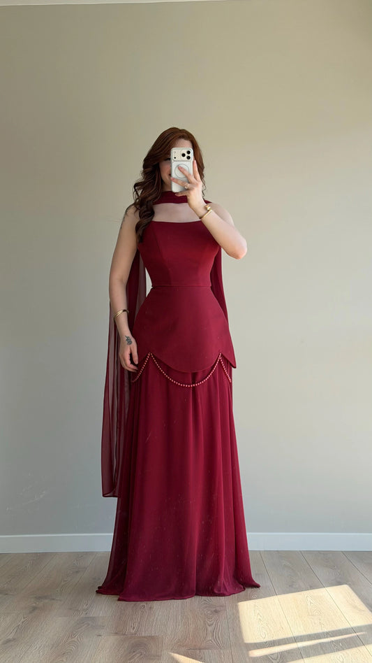 Bridgerton Shawl Pearl Embellished Burgundy Evening Dress