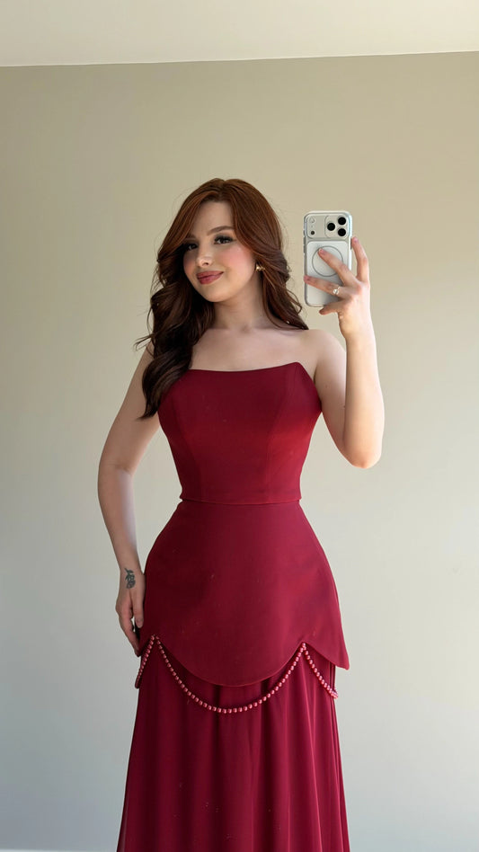 Bridgerton Shawl Pearl Embellished Burgundy Evening Dress