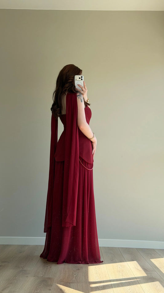Bridgerton Shawl Pearl Embellished Burgundy Evening Dress