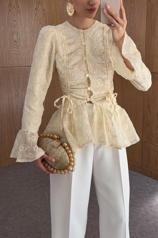 Gathered Embroidered Cream Shirt