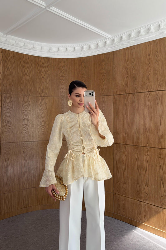 Gathered Embroidered Cream Shirt