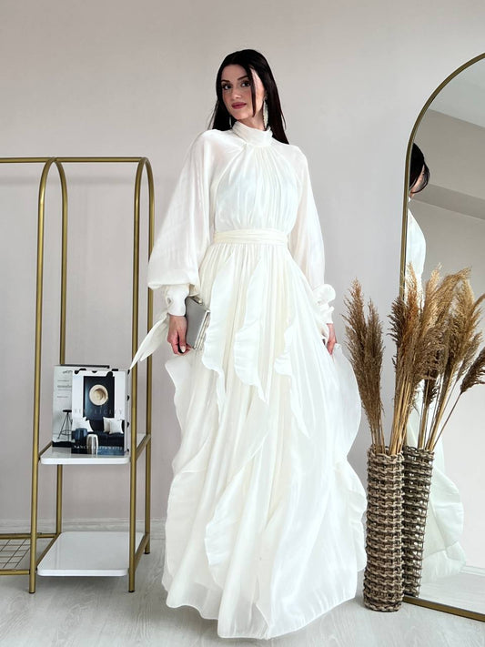 High Neck Ruffle Satin Chiffon Maxi Length White Dress