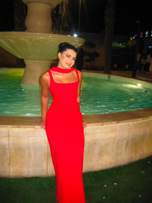 Red Piran Long with Back Buckle and Scarf Dress