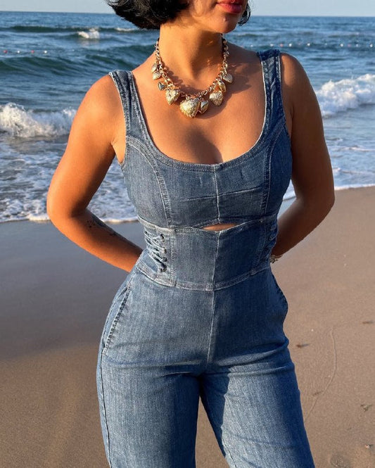 Wide Leg Belan Jumpsuit with Thick Straps Suit