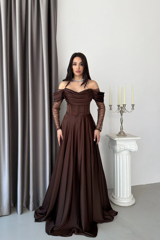 Royal Brown Evening with Lace Details Dress