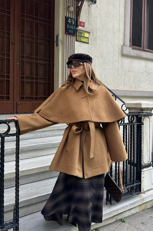 BELTED CACHET COAT WITH CAPE DETAIL JACKET