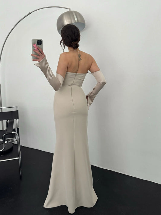 Alya Satin Stone Sleeve Evening Dress