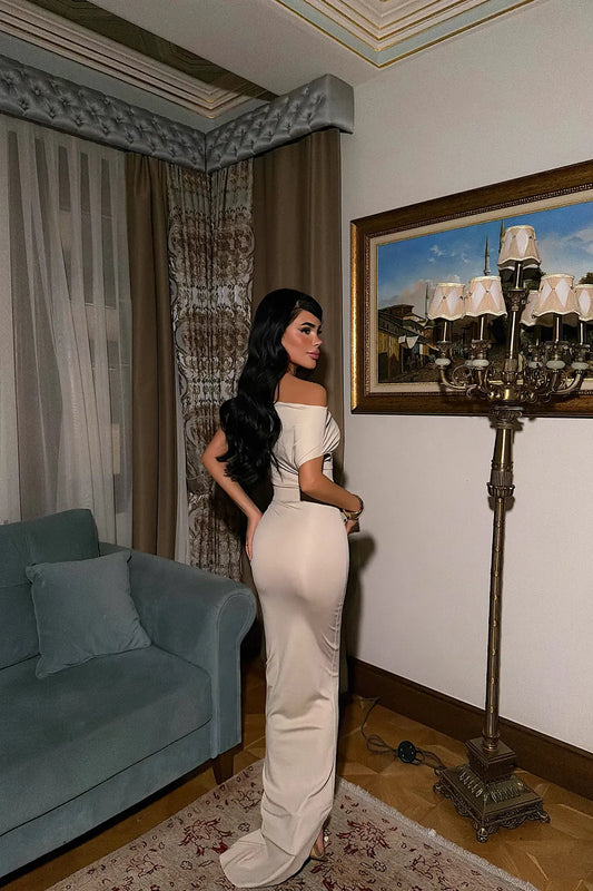 Cream Long Dress with Buckle Detail