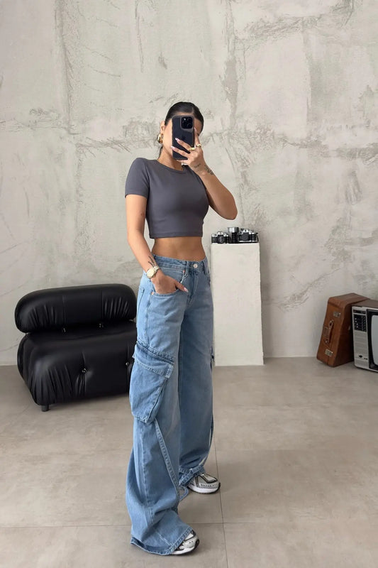 Light Blue Super Wide Leg Jean with Oversize Pocket