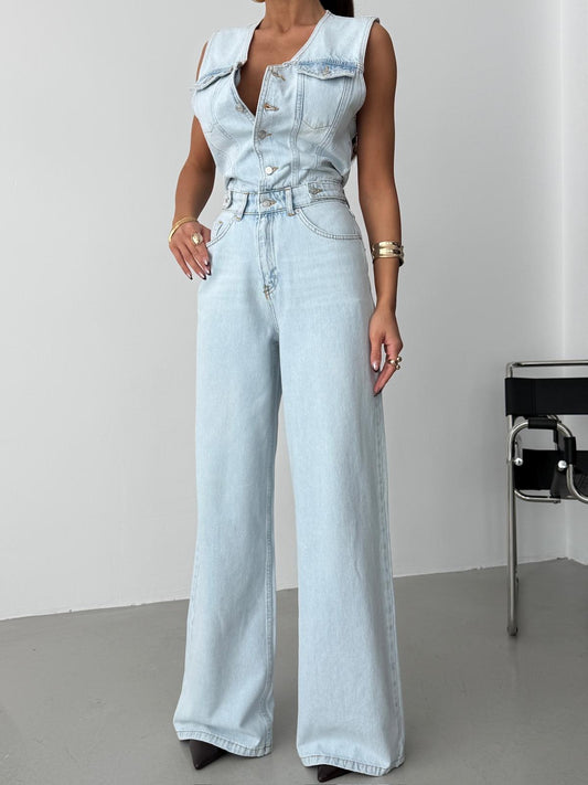Chic Sleeveless Denim Wide-Leg Jumpsuit