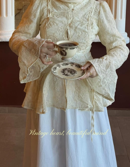 Gathered Embroidered Cream Shirt
