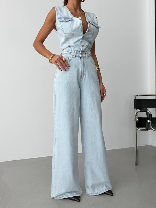 Chic Sleeveless Denim Wide-Leg Jumpsuit
