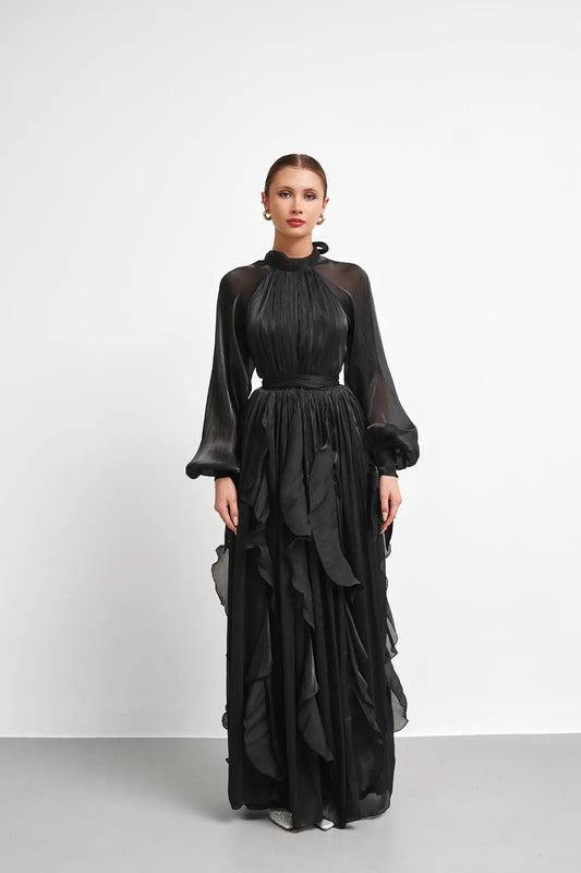 High Neck Ruffle Satin Chiffon Maxi Length Black Dress
