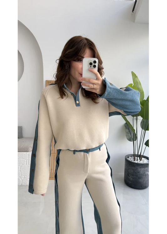 طقم فيليسيتي من مزيج الدنيم الكريمي المصقول