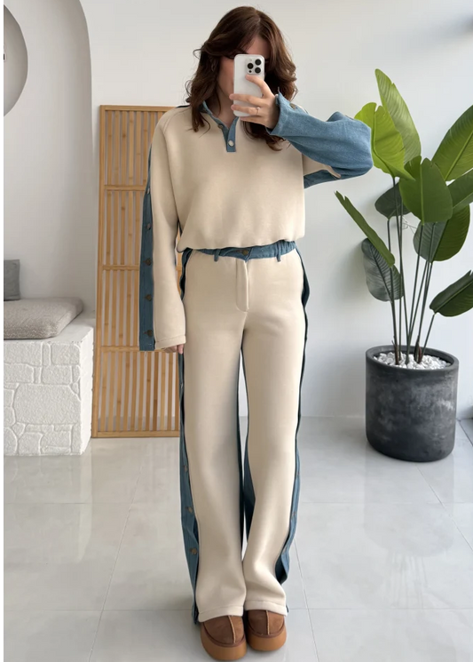 طقم فيليسيتي من مزيج الدنيم الكريمي المصقول