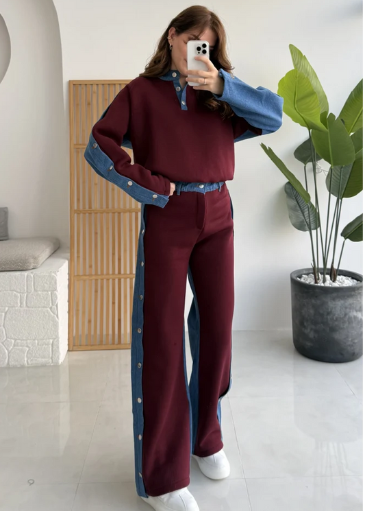 طقم فيليسيتي من مزيج الدنيم باللون العنابي المصقول