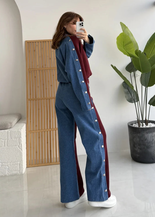 طقم فيليسيتي من مزيج الدنيم باللون العنابي المصقول