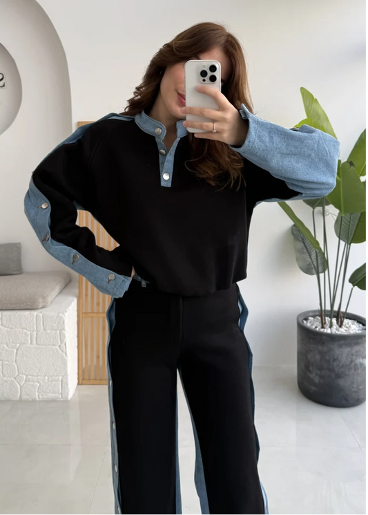 طقم فيليسيتي من مزيج الدنيم الأسود المصقول