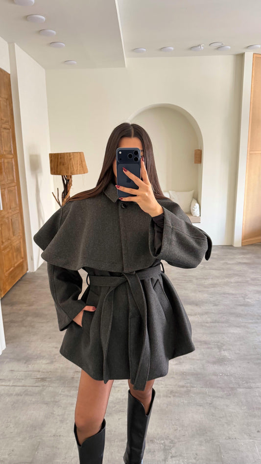 BELTED CACHET COAT WITH CAPE DETAIL JACKET
