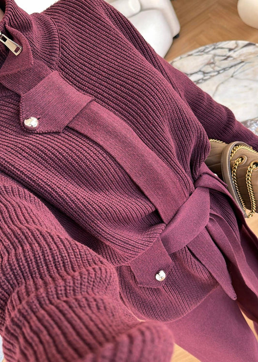 STAND-UP COLLAR BELTED KNITWEAR SET