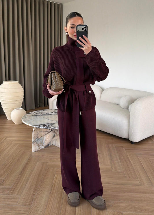 STAND-UP COLLAR BELTED KNITWEAR SET