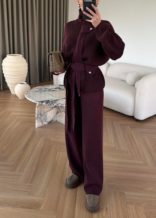 STAND-UP COLLAR BELTED KNITWEAR SET