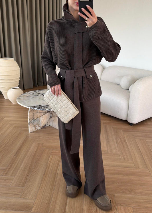 STAND-UP COLLAR BELTED KNITWEAR SET