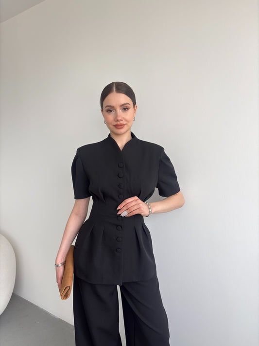 Black Noir Waist Detail Balloon Sleeve Padded Buttoned Suit