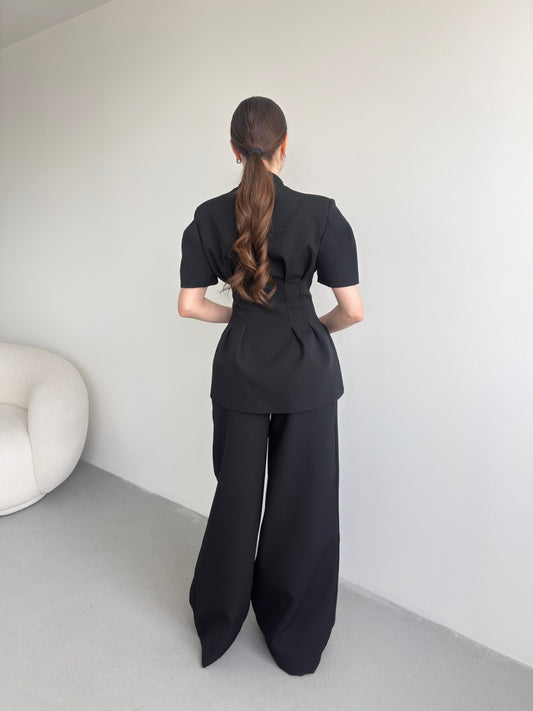 Black Noir Waist Detail Balloon Sleeve Padded Buttoned Suit
