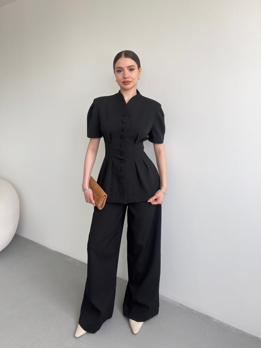 Black Noir Waist Detail Balloon Sleeve Padded Buttoned Suit