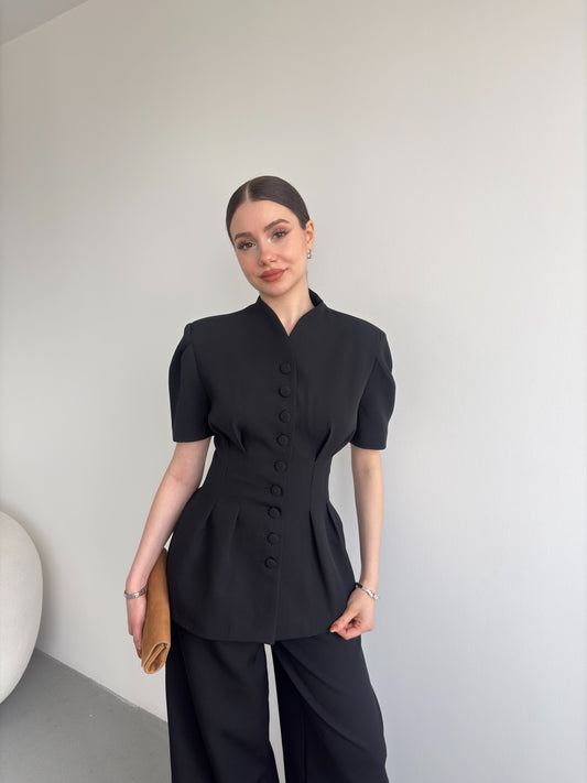 Black Noir Waist Detail Balloon Sleeve Padded Buttoned Suit