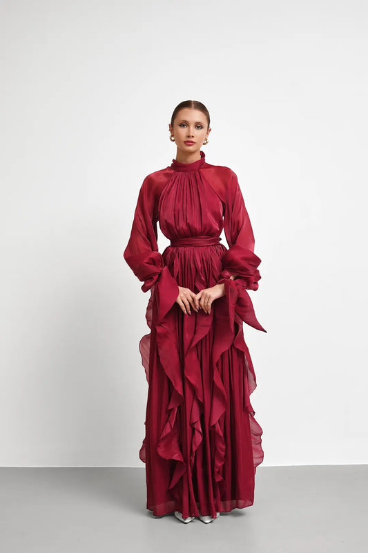 High Neck Ruffle Satin Chiffon Maxi Length Bordo Dress