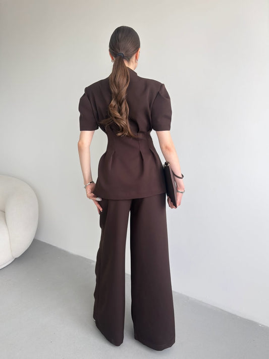 Brown Noir Waist Detail Balloon Sleeve Padded Buttoned Suit