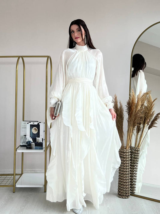 High Neck Ruffle Satin Chiffon Maxi Length White Dress