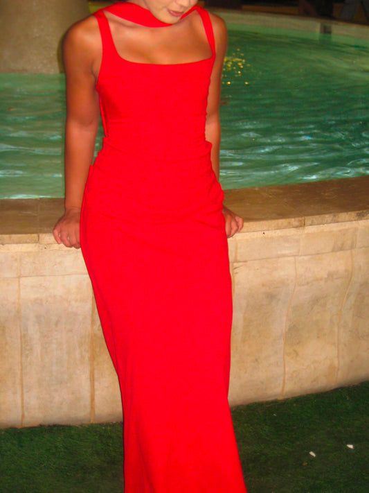 Red Piran Long with Back Buckle and Scarf Dress