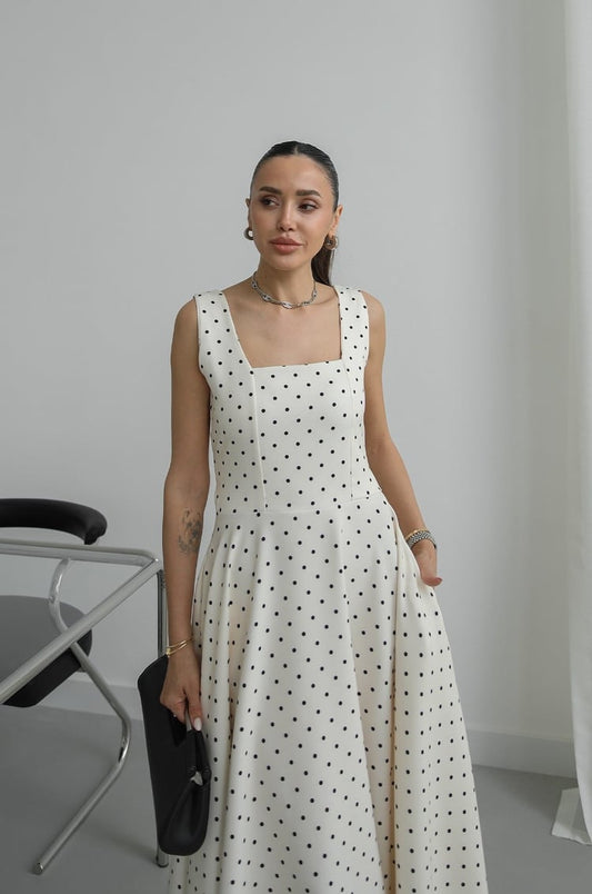 Beige Polka Dot with Back Tie Detail Dress