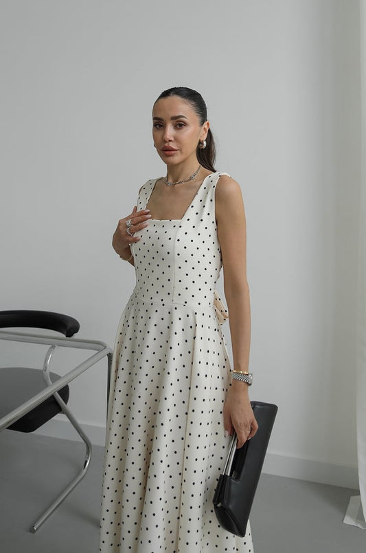 Beige Polka Dot with Back Tie Detail Dress
