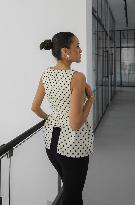 Beige Strappy Polka Dot Blouse