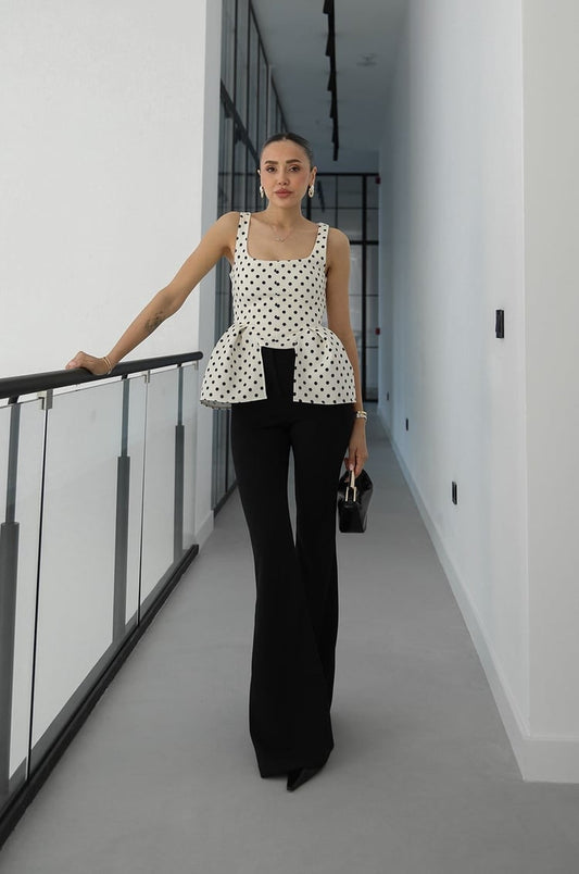 Beige Strappy Polka Dot Blouse