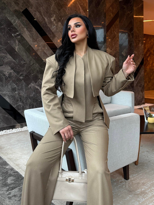 Elegant Khaki Beige 2 Piece Suit