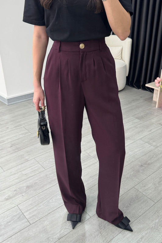 بنطلون بالازو مطوي بأزرار من الكريب الذهبي