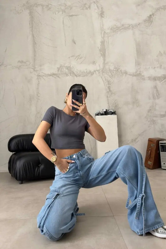 Light Blue Super Wide Leg Jean with Oversize Pocket