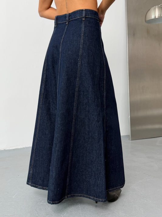 High-Waisted A-Line Denim Maxi Skirt