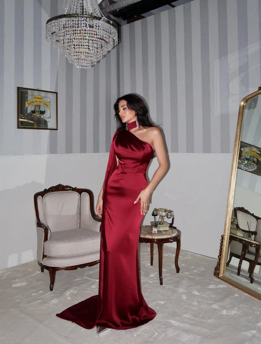 Burgundy One-Shoulder Shawl Detailed Asymmetrical Satin Evening Dress