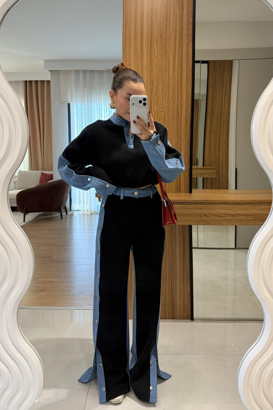 طقم فيليسيتي من مزيج الدنيم الأسود المصقول