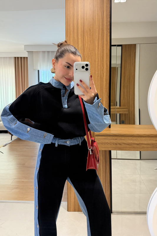 طقم فيليسيتي من مزيج الدنيم الأسود المصقول